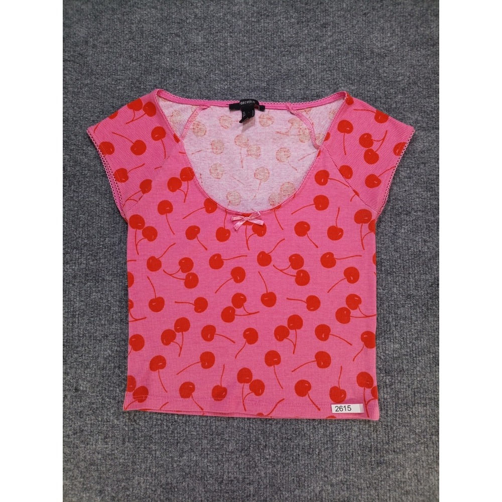Forever 21 Womens Small Pink Cherry Print Baby Tee Y2K Coquette Bow Top